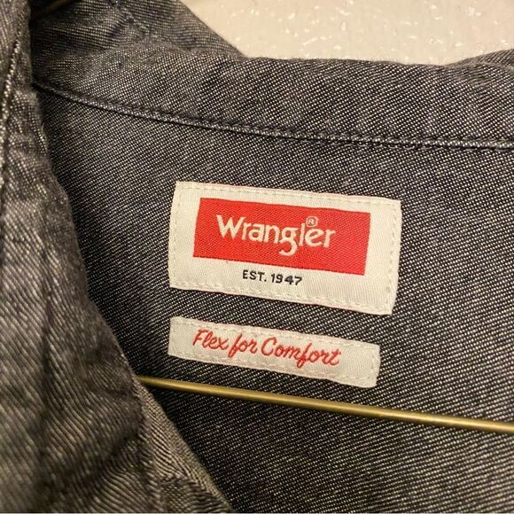 WRANGLER flex for comfort Grey black chambray Jean denim Button-Up Long Sleeve L - Picture 5 of 7